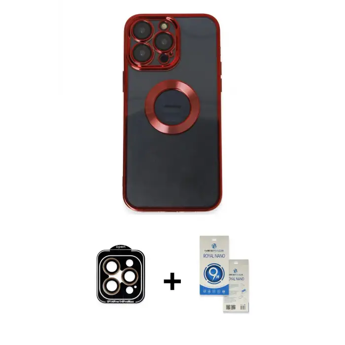 ieg™ iPhone 14 Pro Max Kılıf Pusula Form - Şeffaf Royal Nano Ekran Koruyucu + PVD Metal Kamera Lens - TU
