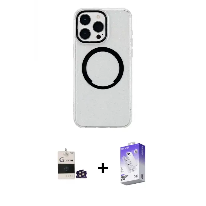 ieg™ iPhone 14 Pro Max Kılıf Pusula Form - Siyah Bilvis 5in1 3D Magic Cam Ekran Koruyucu + Bilvis Titan Kamera Lens - GD