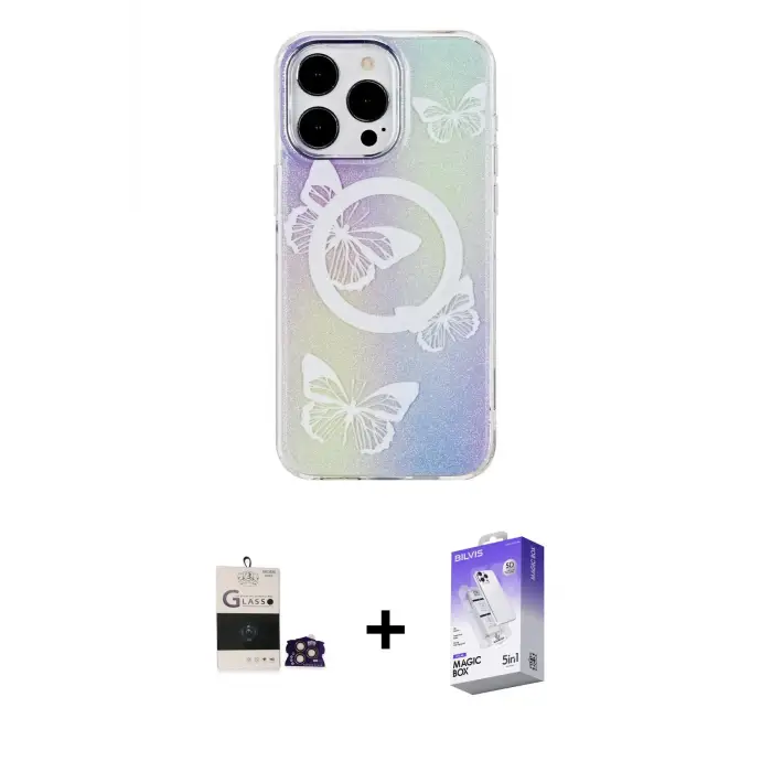 ieg™ iPhone 14 Pro Max Kılıf Pusula Form - Siyah Bilvis 5in1 3D Magic Cam Ekran Koruyucu + Bilvis Titan Kamera Lens - GD