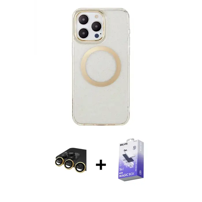 ieg™ iPhone 14 Pro Max Kılıf Pusula Form - Siyah Bilvis 5in1 5D Magic Hayalet Cam Ekran Koruyucu + Raze Metal Kamera Lens - GD