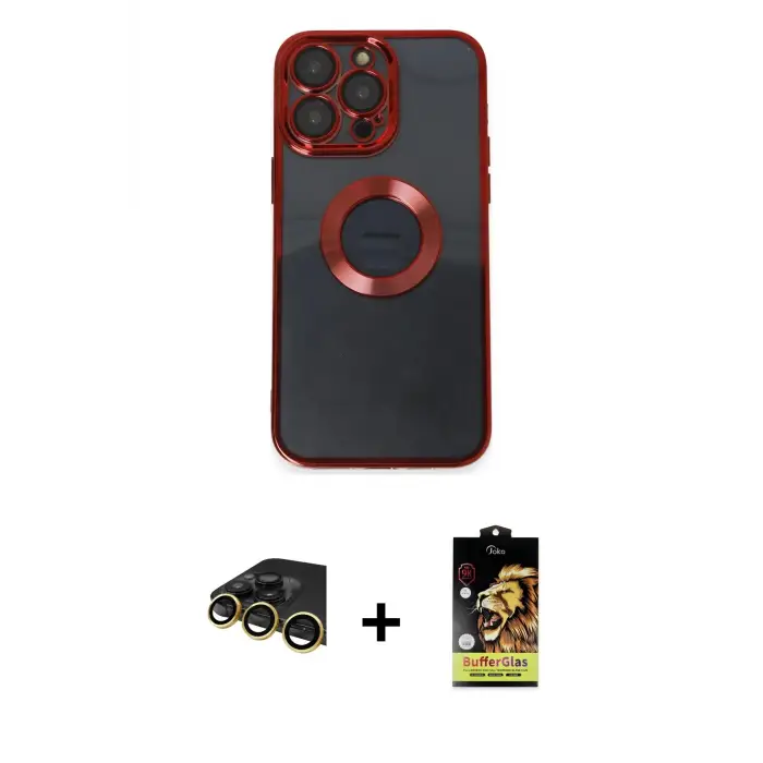 ieg™ iPhone 14 Pro Max Kılıf Pusula Form - Siyah Buffer Cam Ekran Koruyucu + Raze Metal Kamera Lens - GD