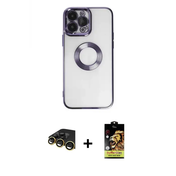 ieg™ iPhone 14 Pro Max Kılıf Pusula Form - Siyah Buffer Cam Ekran Koruyucu + Raze Metal Kamera Lens - GD