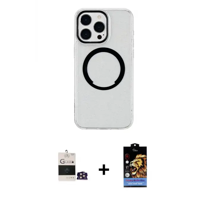 ieg™ iPhone 14 Pro Max Kılıf Pusula Form - Siyah Buffer Hayalet Cam Ekran Koruyucu + Bilvis Titan Kamera Lens - GD
