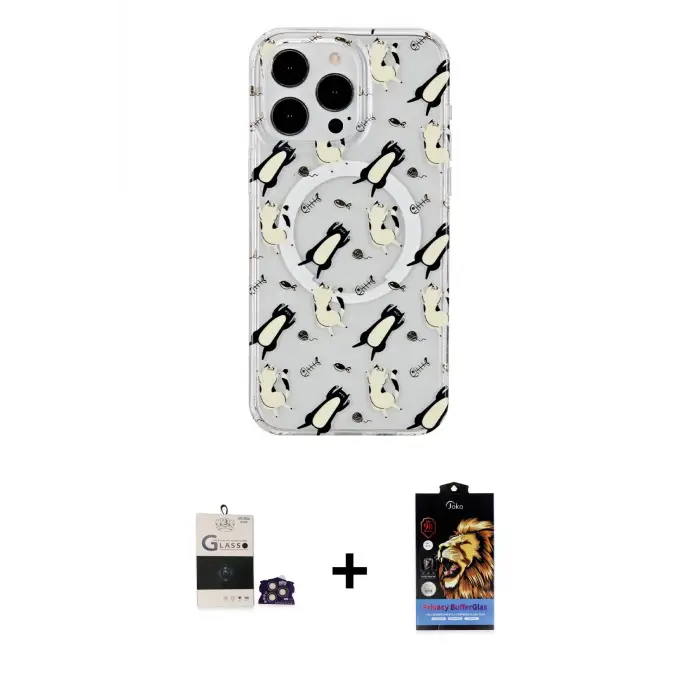 ieg™ iPhone 14 Pro Max Kılıf Pusula Form - Siyah Buffer Hayalet Cam Ekran Koruyucu + Bilvis Titan Kamera Lens - GD