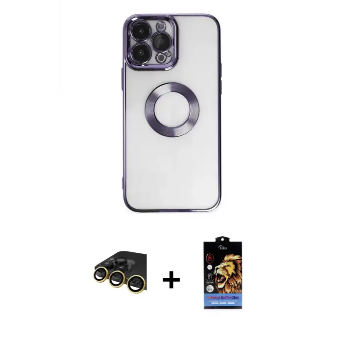 ieg™ iPhone 14 Pro Max Kılıf Pusula Form - Siyah Buffer Hayalet Cam Ekran Koruyucu + Raze Metal Kamera Lens - GD