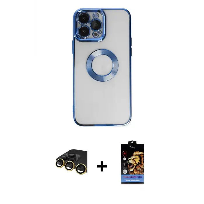 ieg™ iPhone 14 Pro Max Kılıf Pusula Form - Siyah Buffer Hayalet Cam Ekran Koruyucu + Raze Metal Kamera Lens - GD