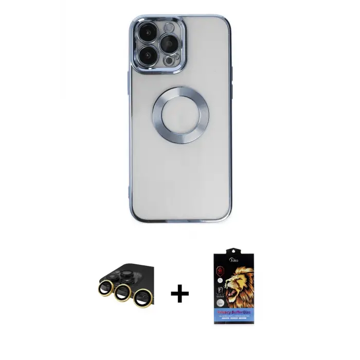 ieg™ iPhone 14 Pro Max Kılıf Pusula Form - Siyah Buffer Hayalet Cam Ekran Koruyucu + Raze Metal Kamera Lens - GD
