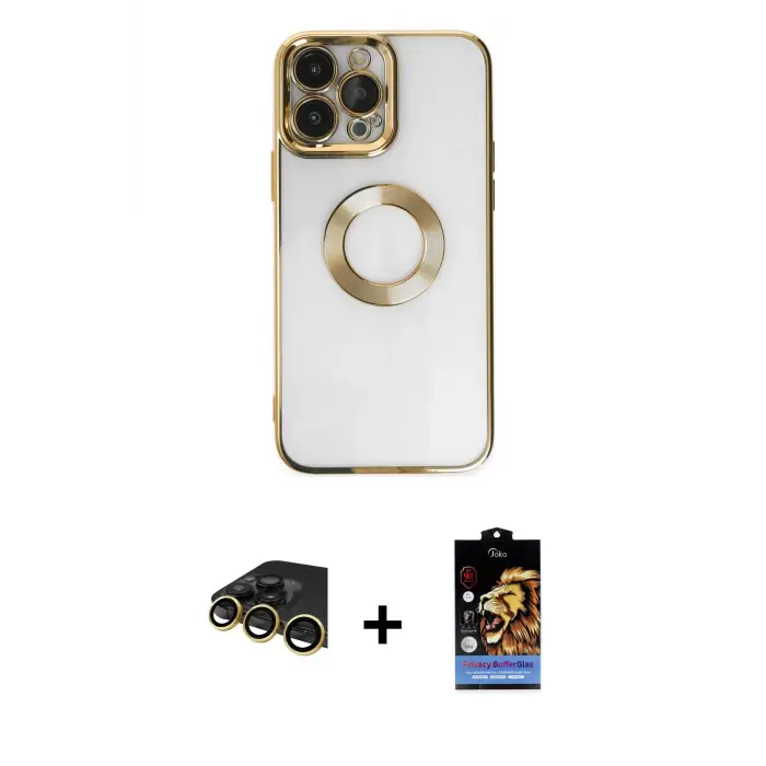 ieg™ iPhone 14 Pro Max Kılıf Pusula Form - Siyah Buffer Hayalet Cam Ekran Koruyucu + Raze Metal Kamera Lens - GD