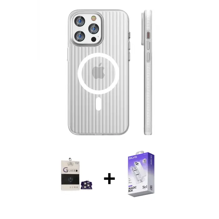 ieg™ iPhone 14 Pro Max Kılıf Pusula Minimal Koleksiyonu - Siyah Bilvis 5in1 3D Magic Cam Ekran Koruyucu + Bilvis Titan Kamera Lens - GS