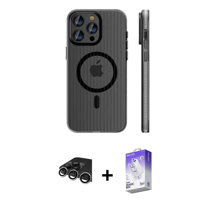 ieg™ iPhone 14 Pro Max Kılıf Pusula Minimal Koleksiyonu - Siyah Bilvis 5in1 3D Magic Cam Ekran Koruyucu + Raze Metal Kamera Lens - GS