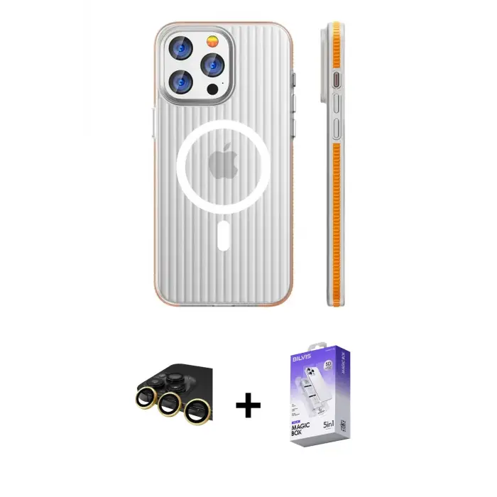 ieg™ iPhone 14 Pro Max Kılıf Pusula Minimal Koleksiyonu - Siyah Bilvis 5in1 3D Magic Cam Ekran Koruyucu + Raze Metal Kamera Lens - GD