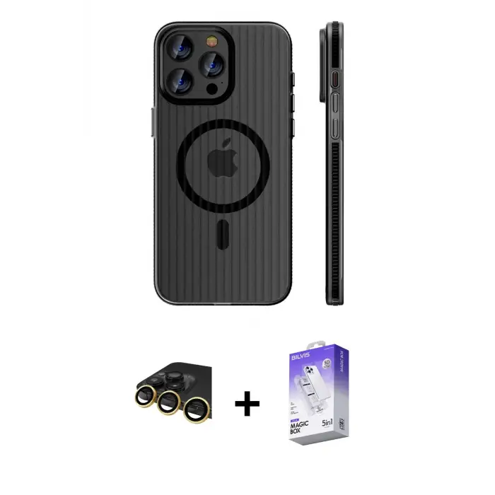 ieg™ iPhone 14 Pro Max Kılıf Pusula Minimal Koleksiyonu - Siyah Bilvis 5in1 3D Magic Cam Ekran Koruyucu + Raze Metal Kamera Lens - GD