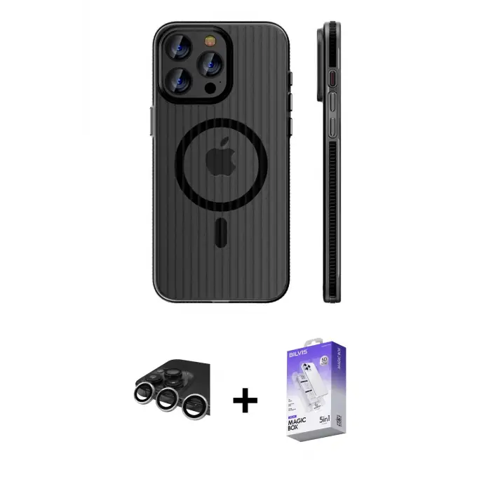 ieg™ iPhone 14 Pro Max Kılıf Pusula Minimal Koleksiyonu - Siyah Bilvis 5in1 3D Magic Cam Ekran Koruyucu + Raze Metal Kamera Lens - GS