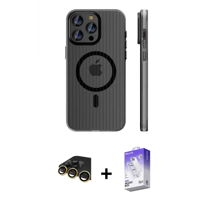 ieg™ iPhone 14 Pro Max Kılıf Pusula Minimal Koleksiyonu - Siyah Bilvis 5in1 3D Magic Cam Ekran Koruyucu + Raze Metal Kamera Lens - GD