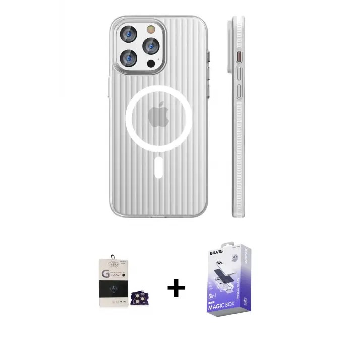 ieg™ iPhone 14 Pro Max Kılıf Pusula Minimal Koleksiyonu - Siyah Bilvis 5in1 5D Magic Hayalet Cam Ekran Koruyucu + Bilvis Titan Kamera Lens - GD
