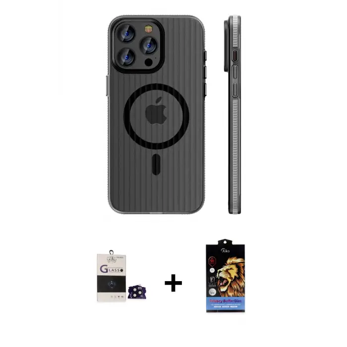 ieg™ iPhone 14 Pro Max Kılıf Pusula Minimal Koleksiyonu - Siyah Buffer Hayalet Cam Ekran Koruyucu + Bilvis Titan Kamera Lens - SH