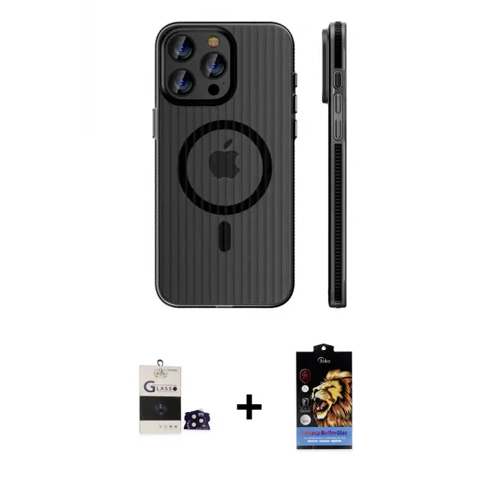 ieg™ iPhone 14 Pro Max Kılıf Pusula Minimal Koleksiyonu - Siyah Buffer Hayalet Cam Ekran Koruyucu + Bilvis Titan Kamera Lens - SH