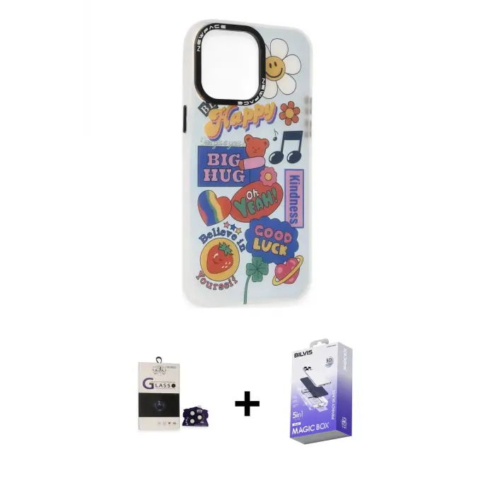 ieg™ iPhone 14 Pro Max Kılıf Siluet Çizgi Koleksiyonu - Siyah Bilvis 5in1 5D Magic Hayalet Cam Ekran Koruyucu + Bilvis Titan Kamera Lens - SH