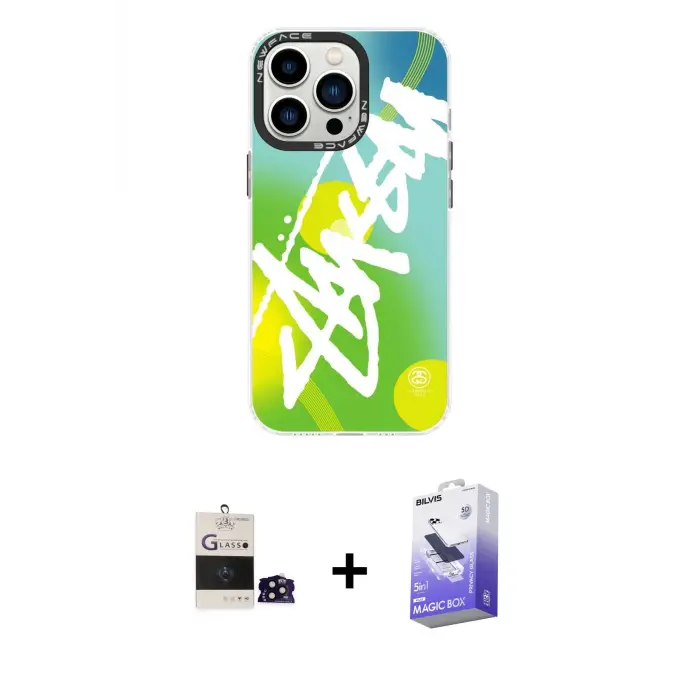 ieg™ iPhone 14 Pro Max Kılıf Siluet Çizgi Koleksiyonu - Siyah Bilvis 5in1 5D Magic Hayalet Cam Ekran Koruyucu + Bilvis Titan Kamera Lens - SH
