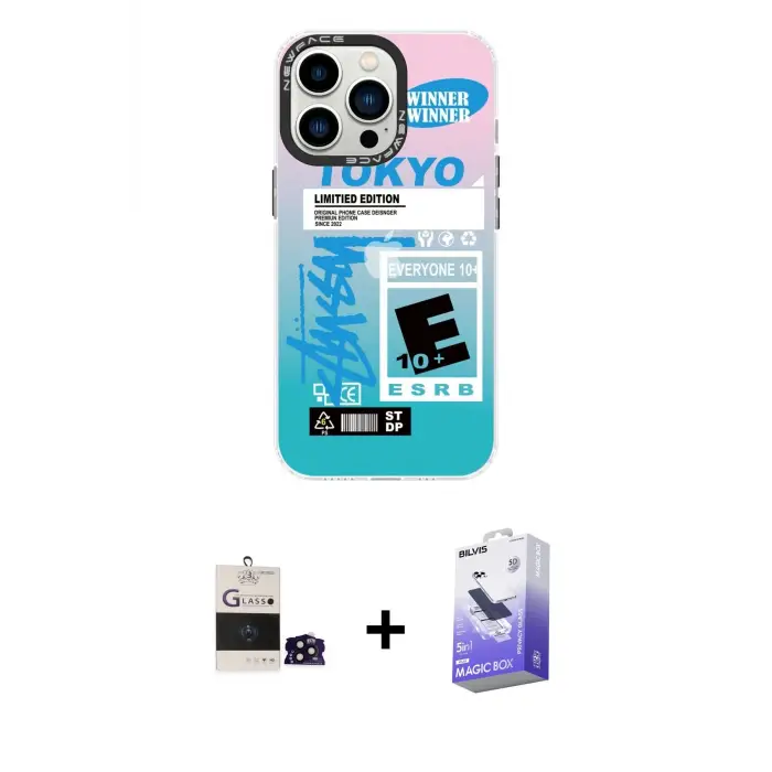 ieg™ iPhone 14 Pro Max Kılıf Siluet Çizgi Koleksiyonu - Siyah Bilvis 5in1 5D Magic Hayalet Cam Ekran Koruyucu + Bilvis Titan Kamera Lens - SH
