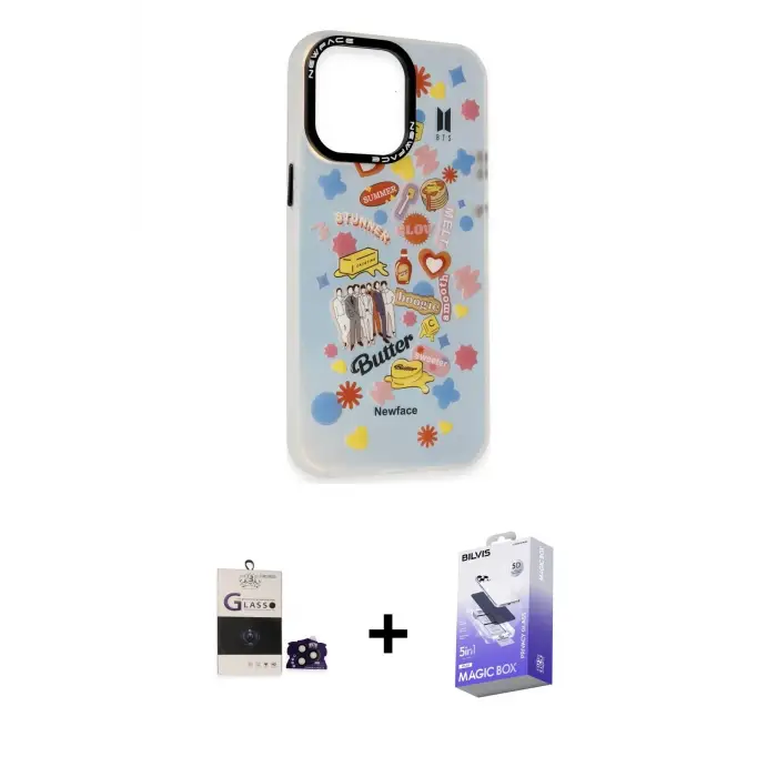 ieg™ iPhone 14 Pro Max Kılıf Siluet Çizgi Koleksiyonu - Siyah Bilvis 5in1 5D Magic Hayalet Cam Ekran Koruyucu + Bilvis Titan Kamera Lens - SH