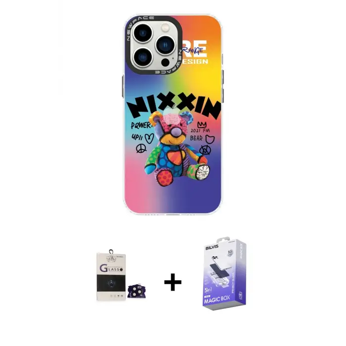 ieg™ iPhone 14 Pro Max Kılıf Siluet Çizgi Koleksiyonu - Siyah Bilvis 5in1 5D Magic Hayalet Cam Ekran Koruyucu + Bilvis Titan Kamera Lens - SH