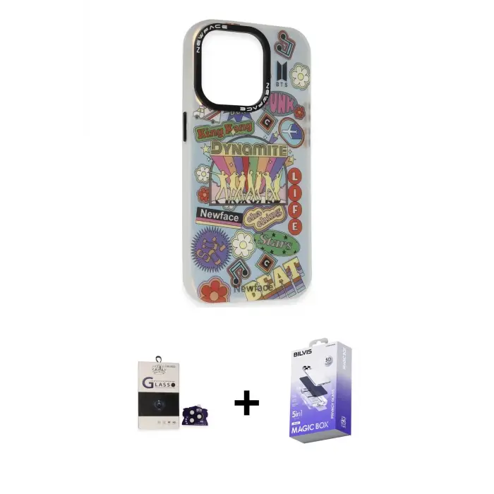 ieg™ iPhone 14 Pro Max Kılıf Siluet Çizgi Koleksiyonu - Siyah Bilvis 5in1 5D Magic Hayalet Cam Ekran Koruyucu + Bilvis Titan Kamera Lens - SH