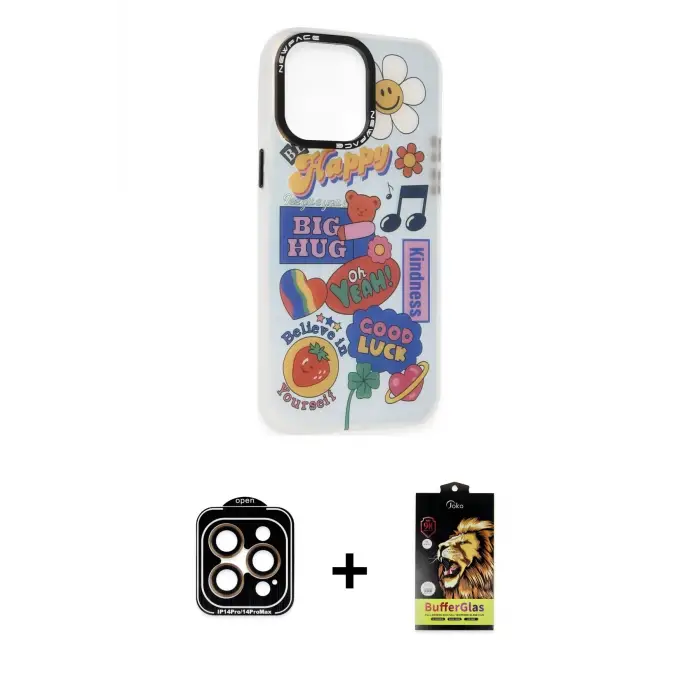 ieg™ iPhone 14 Pro Max Kılıf Siluet Çizgi Koleksiyonu - Siyah Buffer Cam Ekran Koruyucu + PVD Metal Kamera Lens - TU
