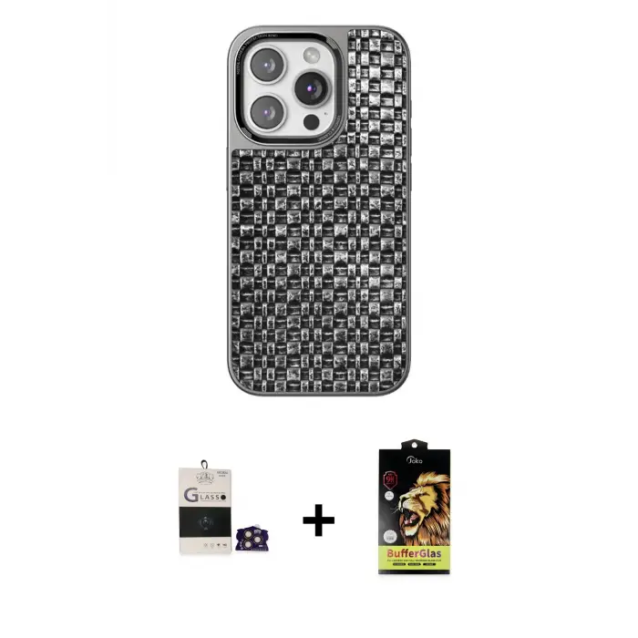 ieg™ iPhone 14 Pro Max Kılıf Siluet Form Serisi - Siyah Buffer Cam Ekran Koruyucu + Bilvis Titan Kamera Lens - GD