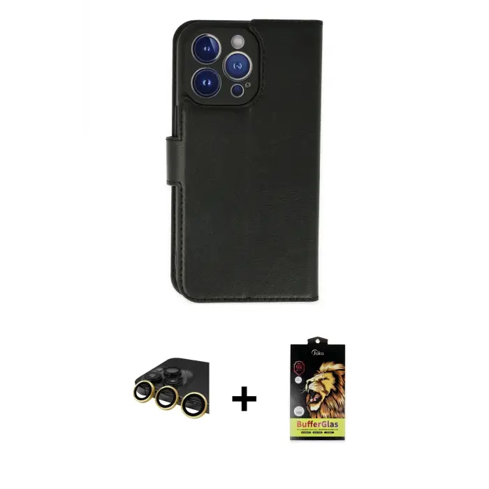ieg™ iPhone 14 Pro Max Kılıf Siluet Işık Serisi - Siyah Buffer Cam Ekran Koruyucu + Raze Metal Kamera Lens - GD