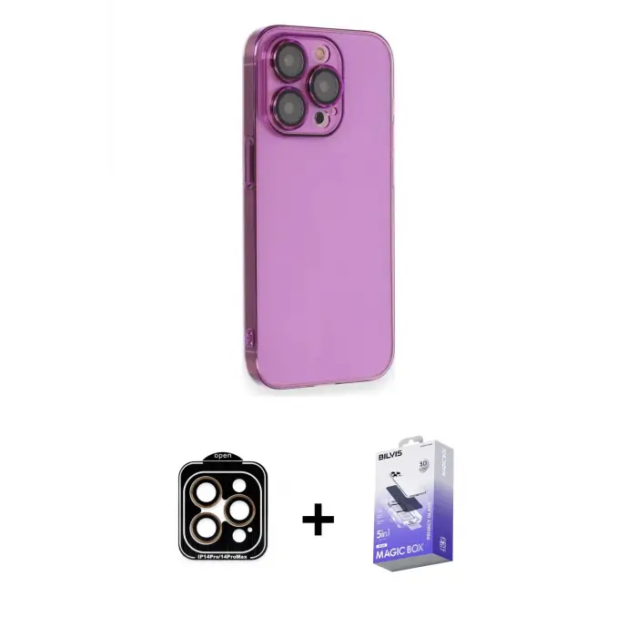 ieg™ iPhone 14 Pro Max Kılıf Siluet Minimal Özel Seri - Siyah Bilvis 5in1 5D Magic Hayalet Cam Ekran Koruyucu + PVD Metal Kamera Lens - TU