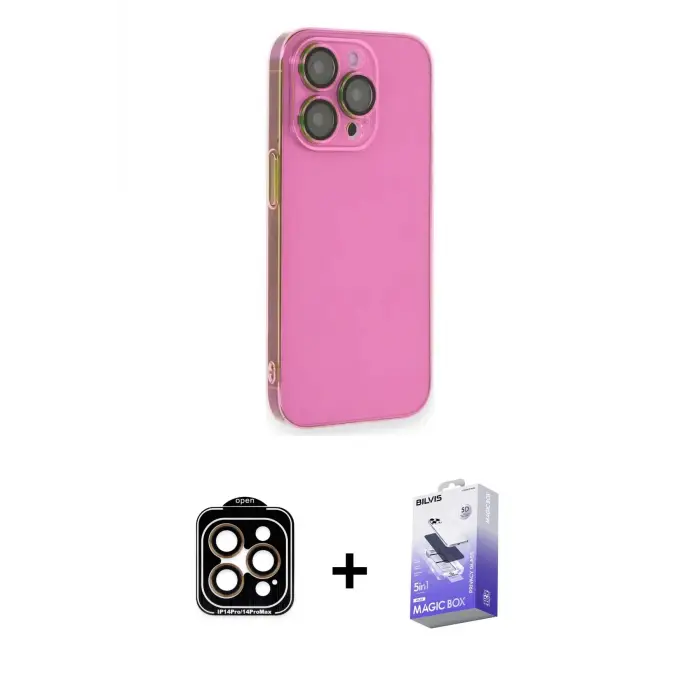 ieg™ iPhone 14 Pro Max Kılıf Siluet Minimal Özel Seri - Siyah Bilvis 5in1 5D Magic Hayalet Cam Ekran Koruyucu + PVD Metal Kamera Lens - TU
