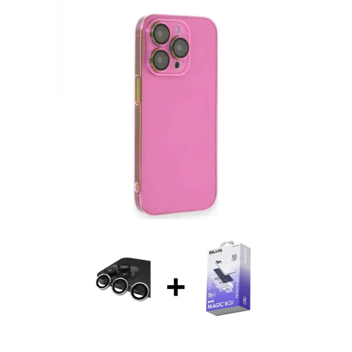 ieg™ iPhone 14 Pro Max Kılıf Siluet Minimal Özel Seri - Siyah Bilvis 5in1 5D Magic Hayalet Cam Ekran Koruyucu + Raze Metal Kamera Lens - GS