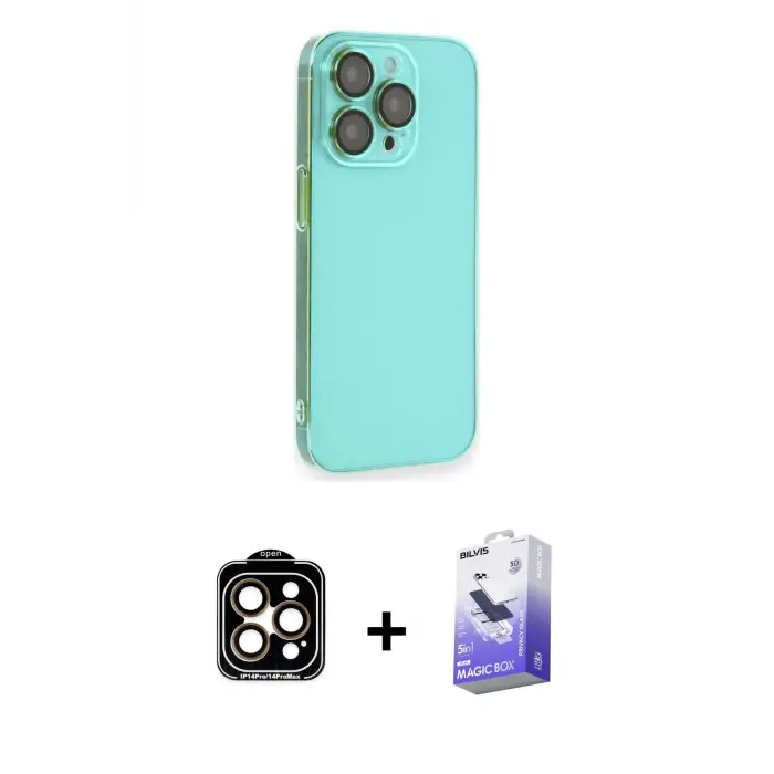 ieg™ iPhone 14 Pro Max Kılıf Siluet Minimal Özel Seri - Siyah Bilvis 5in1 5D Magic Hayalet Cam Ekran Koruyucu + PVD Metal Kamera Lens - TU