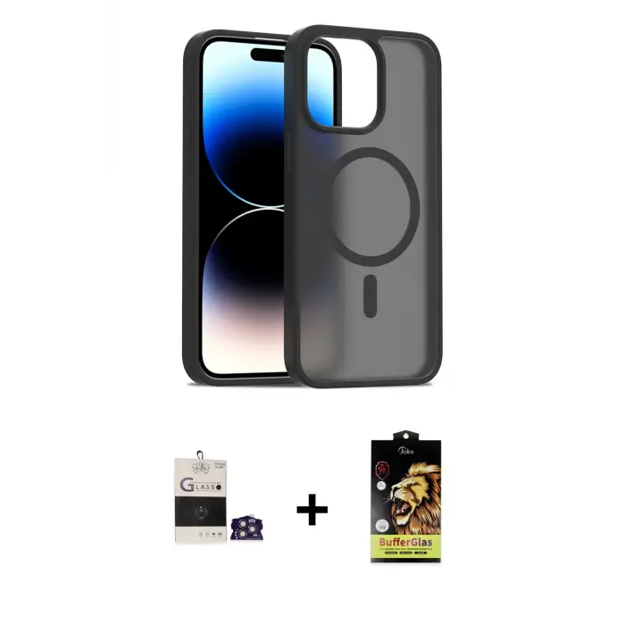 ieg™ iPhone 14 Pro Max Kılıf Siluet Minimal Prime - Siyah Buffer Cam Ekran Koruyucu + Bilvis Titan Kamera Lens - GS