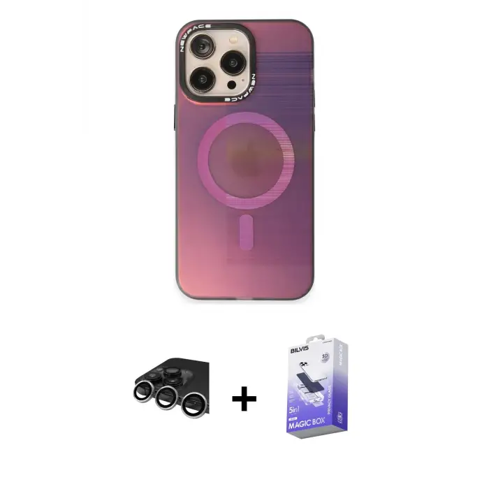 ieg™ iPhone 14 Pro Max Kılıf Siluet Modern Koleksiyonu - Siyah Bilvis 5in1 5D Magic Hayalet Cam Ekran Koruyucu + Raze Metal Kamera Lens - GS