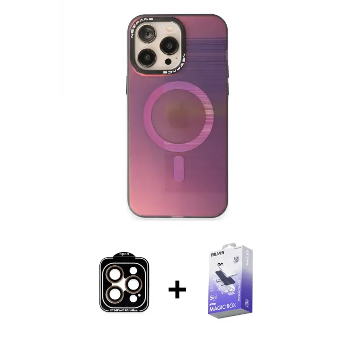 ieg™ iPhone 14 Pro Max Kılıf Siluet Modern Koleksiyonu - Siyah Bilvis 5in1 5D Magic Hayalet Cam Ekran Koruyucu + PVD Metal Kamera Lens - TU