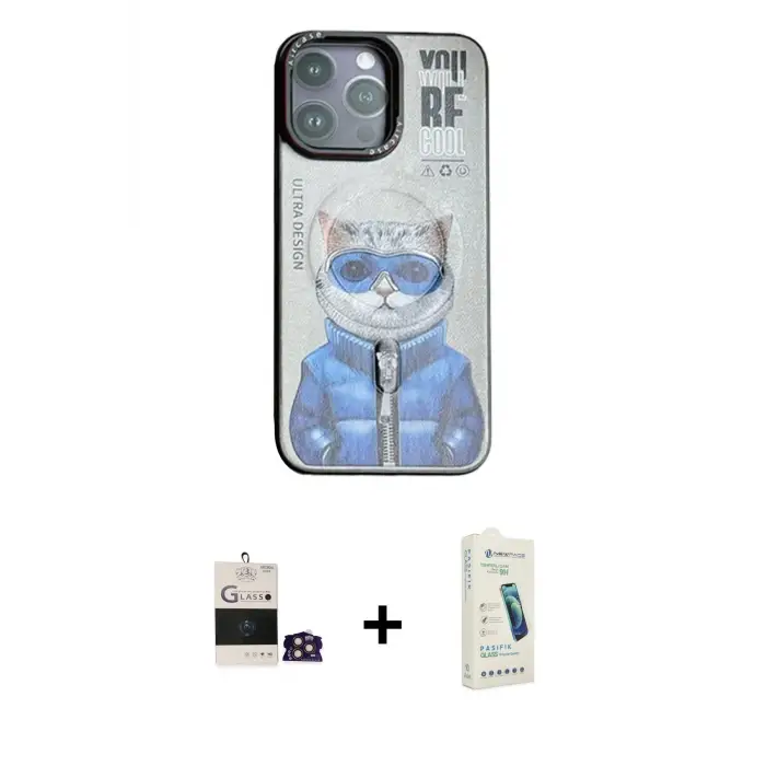 ieg™ iPhone 14 Pro Max Kılıf Siluet Modern Özel Seri - Şeffaf Pasifik Cam Ekran Koruyucu + Bilvis Titan Kamera Lens - GD