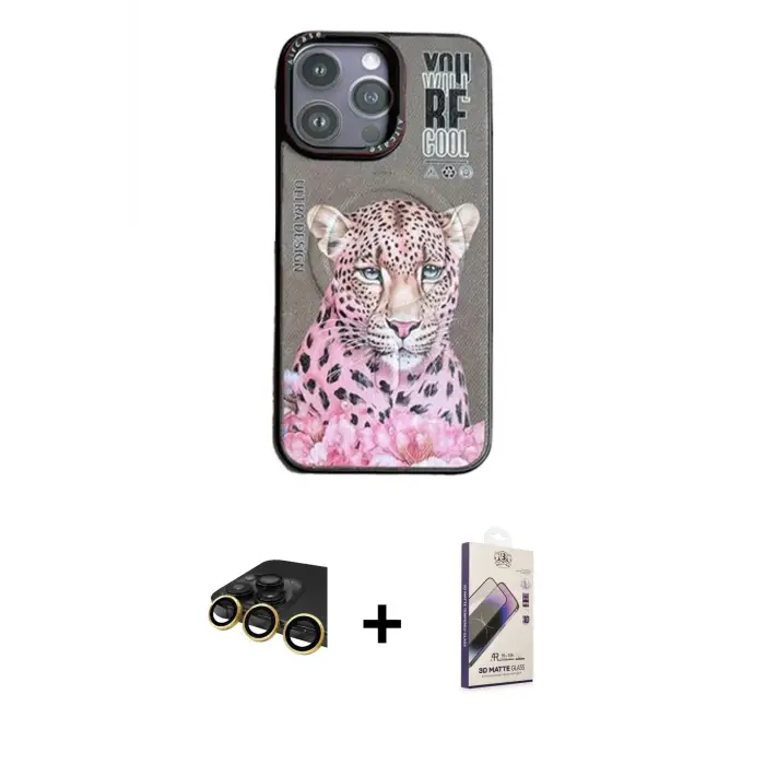 ieg™ iPhone 14 Pro Max Kılıf Siluet Modern Özel Seri - Siyah Bilvis 3D Mat Cam Ekran Koruyucu + Raze Metal Kamera Lens - GD