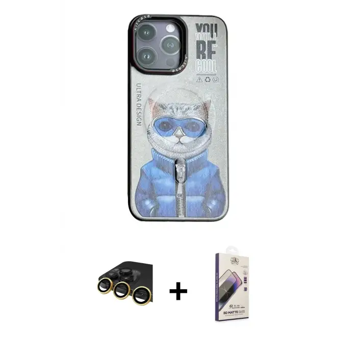 ieg™ iPhone 14 Pro Max Kılıf Siluet Modern Özel Seri - Siyah Bilvis 3D Mat Cam Ekran Koruyucu + Raze Metal Kamera Lens - GD