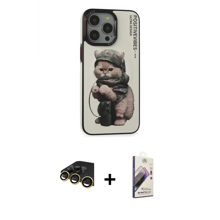 ieg™ iPhone 14 Pro Max Kılıf Siluet Modern Özel Seri - Siyah Bilvis 3D Mat Cam Ekran Koruyucu + Raze Metal Kamera Lens - GD