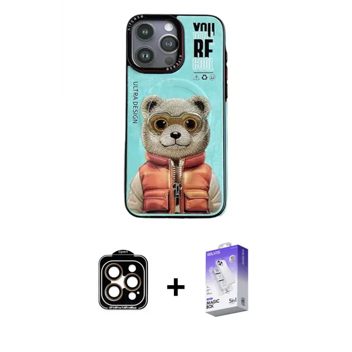 ieg™ iPhone 14 Pro Max Kılıf Siluet Modern Özel Seri - Siyah Bilvis 5in1 3D Magic Cam Ekran Koruyucu + PVD Metal Kamera Lens - TU