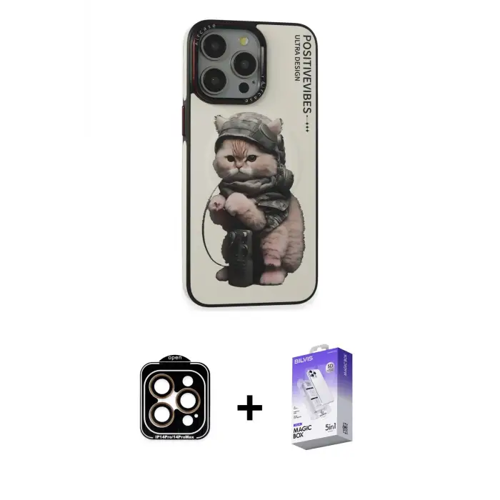 ieg™ iPhone 14 Pro Max Kılıf Siluet Modern Özel Seri - Siyah Bilvis 5in1 3D Magic Cam Ekran Koruyucu + PVD Metal Kamera Lens - TU
