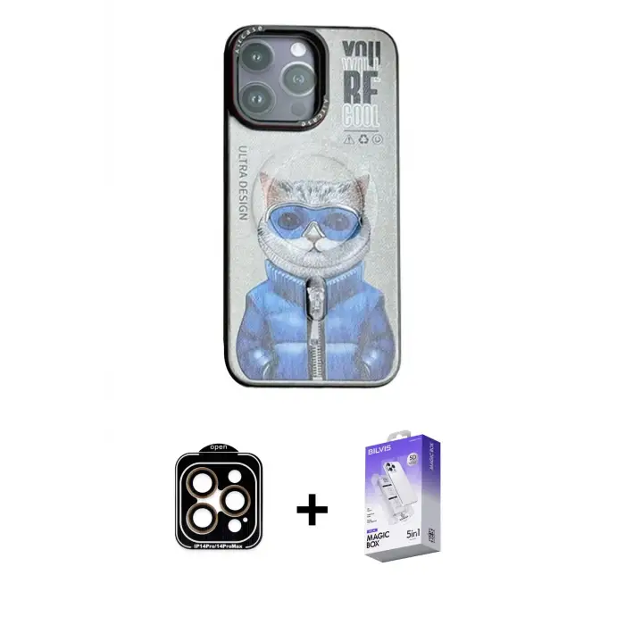 ieg™ iPhone 14 Pro Max Kılıf Siluet Modern Özel Seri - Siyah Bilvis 5in1 3D Magic Cam Ekran Koruyucu + PVD Metal Kamera Lens - TU