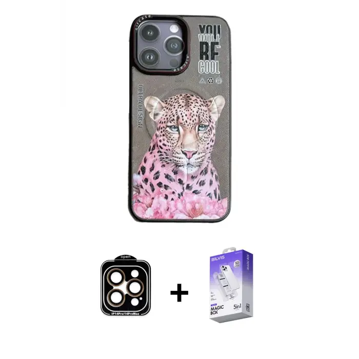 ieg™ iPhone 14 Pro Max Kılıf Siluet Modern Özel Seri - Siyah Bilvis 5in1 3D Magic Cam Ekran Koruyucu + PVD Metal Kamera Lens - TU