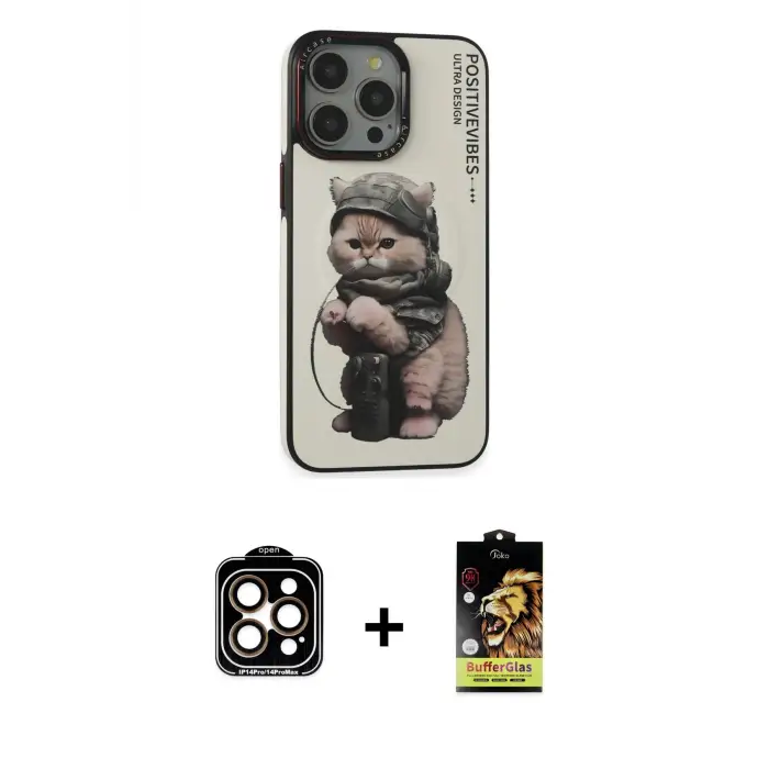 ieg™ iPhone 14 Pro Max Kılıf Siluet Modern Özel Seri - Siyah Buffer Cam Ekran Koruyucu + PVD Metal Kamera Lens - TU