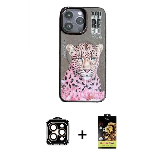 ieg™ iPhone 14 Pro Max Kılıf Siluet Modern Özel Seri - Siyah Buffer Cam Ekran Koruyucu + PVD Metal Kamera Lens - TU