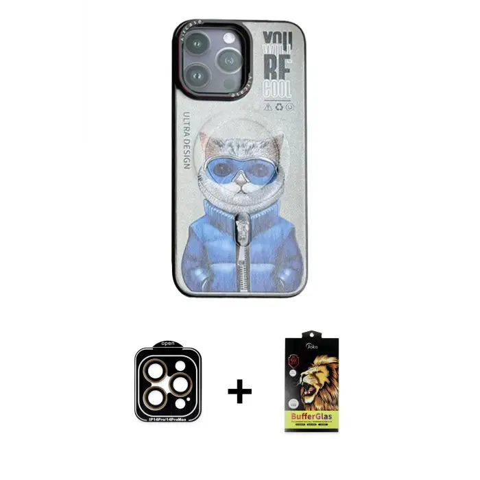 ieg™ iPhone 14 Pro Max Kılıf Siluet Modern Özel Seri - Siyah Buffer Cam Ekran Koruyucu + PVD Metal Kamera Lens - TU