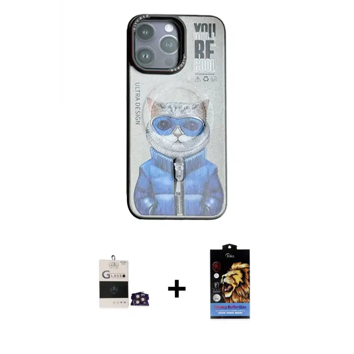 ieg™ iPhone 14 Pro Max Kılıf Siluet Modern Özel Seri - Siyah Buffer Hayalet Cam Ekran Koruyucu + Bilvis Titan Kamera Lens - GD