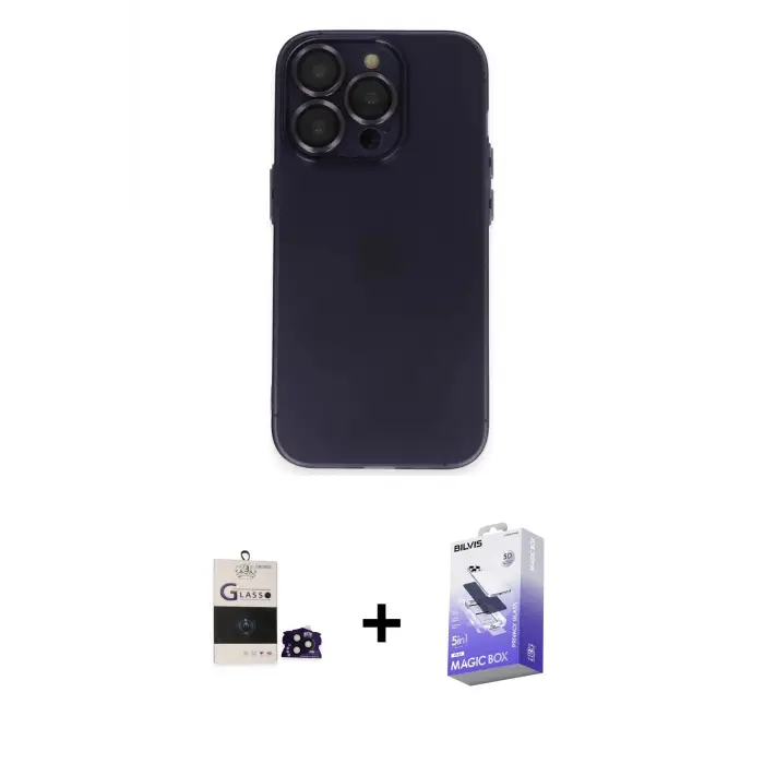 ieg™ iPhone 14 Pro Max Kılıf Ufuk Minimal Özel Seri - Siyah Bilvis 5in1 5D Magic Hayalet Cam Ekran Koruyucu + Bilvis Titan Kamera Lens - SH